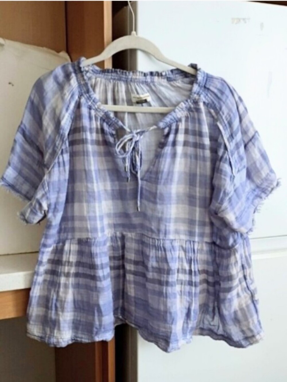 Pilcro Anthropologie Bette Babydoll Plaid Crinkled  Top Blouse sz M